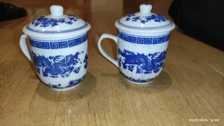 Taza porcelana dragón azul y blanco con tapa