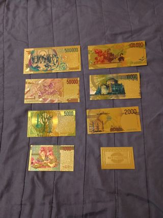 SERIE 8 PEZZI IN LIRE LAMINA D'ORO COLORATA