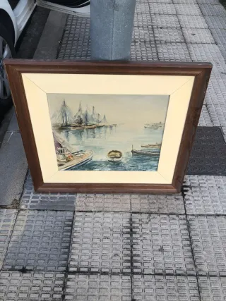 Cuadro antiguo de barcos en el mar