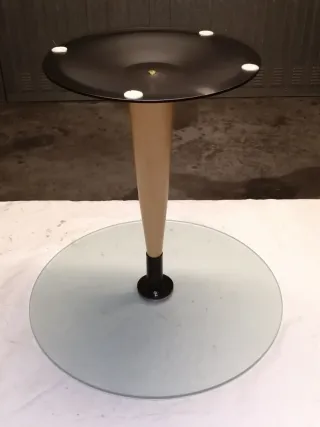 Tavolino rotondo in cristallo e legno