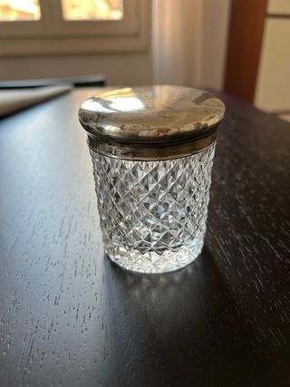 Antico barattolo da toeletta in cristallo e argent