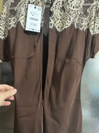 Vestido Zara Satén Encaje Marrón Talla  S
