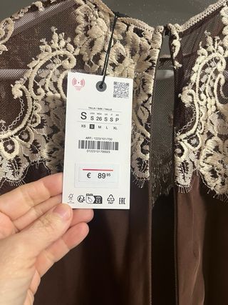 Vestido Zara Satén Encaje Marrón Talla  S