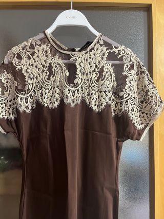 Vestido Zara Satén Encaje Marrón Talla  S