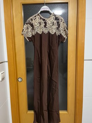 Vestido Zara Satén Encaje Marrón Talla  S