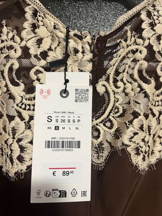 Vestido Zara Satén Encaje Marrón Talla  S