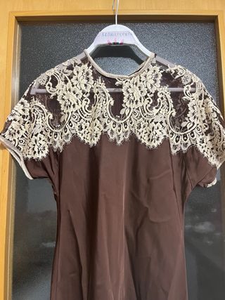 Vestido Zara Satén Encaje Marrón Talla  S