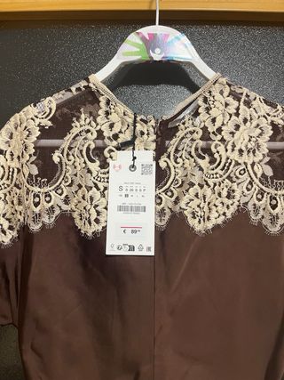 Vestido Zara Satén Encaje Marrón Talla  S