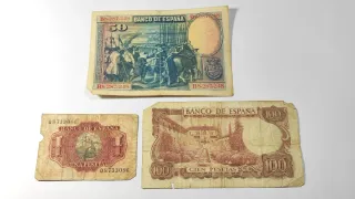 Lote 3 Billetes 100, 50 y 1 PTA.