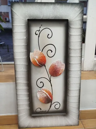 Cuadro Decorativo Flores Naranja y Plata