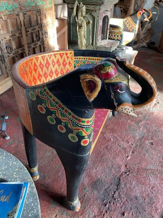 Impresionante Silla Hindú Elefante Madera Oro