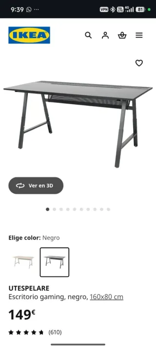 Mesa de escritorio gaming negra Ikea UTESPELARE