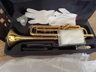 Trompeta dorada con accesorios