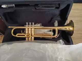 Trompeta dorada con accesorios