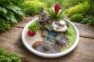 Mini Jardín Zen buda y Plantas Vivas
