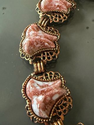 Bracciale vintage metallo ramato vetro bianco