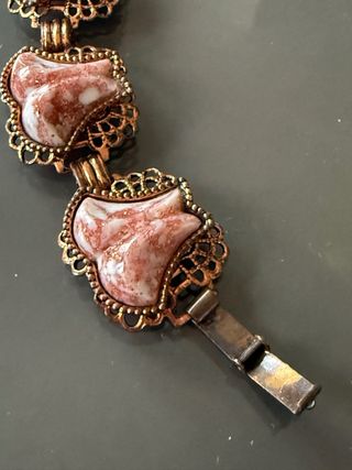 Bracciale vintage metallo ramato vetro bianco