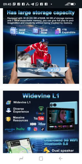 Tableta DMOAO Android 15 10 30GB RAM Azul