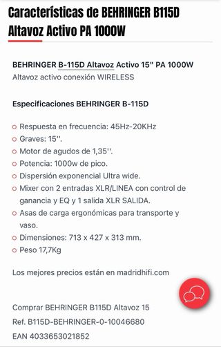 Pareja Altavoces Behringer Eurolive B115D