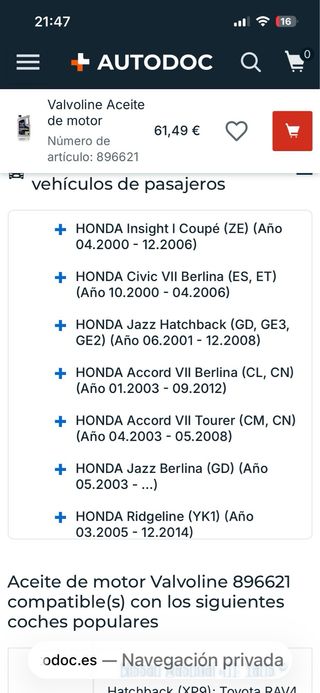 Aceite Valvoline 0W-20 5L MAZDA HYUNDAI KIA