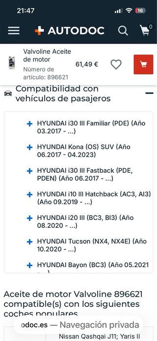 Aceite Valvoline 0W-20 5L MAZDA HYUNDAI KIA