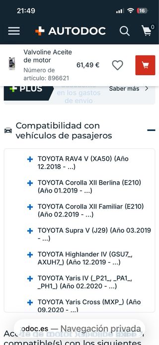 Aceite Valvoline 0W-20 5L MAZDA HYUNDAI KIA