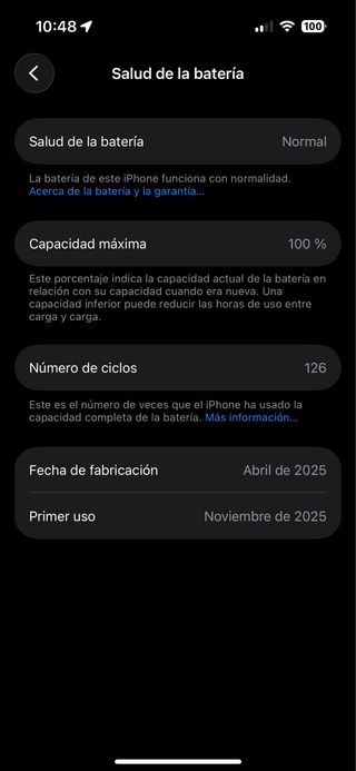 Iphone 16, 100% de salud de bateria.