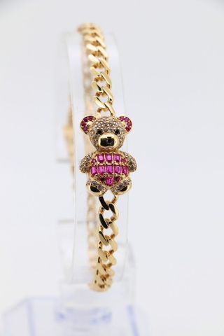 PULSERA BARBADA OSO CON CIRCONITAS ROSA. Oro 18k.