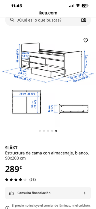 Cama Ikea SLÄKT 90x200 con 4 cajones