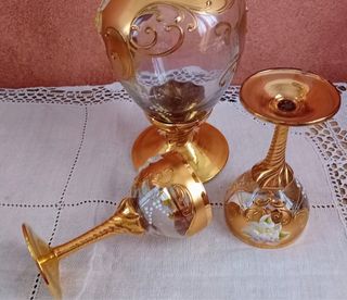 Arte muranese .Set caraffa 2 calici decorati mano