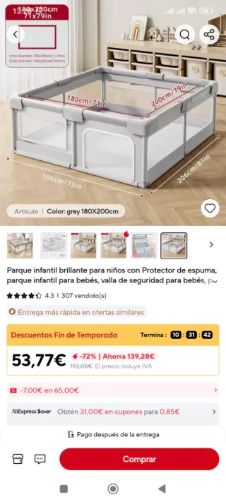 Parque infantil 180x200cm gris