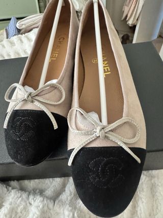 Bailarinas Chanel Ante Beige/Negro Talla 38
