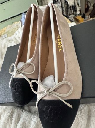 Bailarinas Chanel Ante Beige/Negro Talla 38