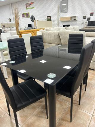 Mesa Comedor Negra Cristal + 6 Sillas