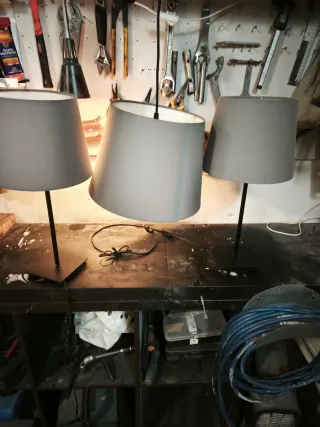 Juego 3 lámparas tela y metal grises