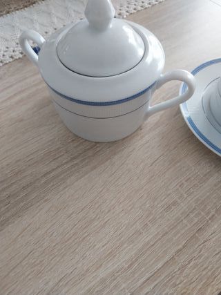 Juego de café de porcelana blanco y azul