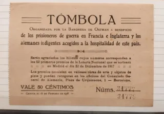 Papeleta Histórica Tómbola Benéfica 1917 - 1° GM