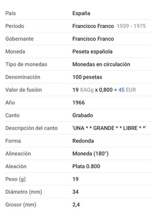 100 pesetas España plata de 1966.