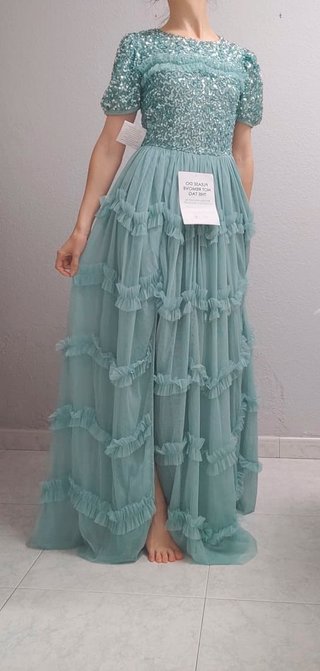 Vestido azul-verdoso claro tul lentejuelas XS Maya