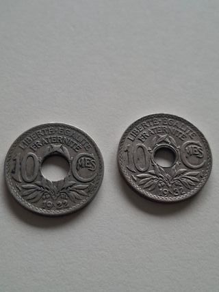 moneda de 10 cent franco 1922 y error perforacion