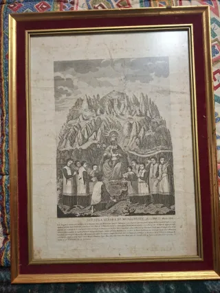 Cuadro de la virgen de Montserrat y montaña,lamina