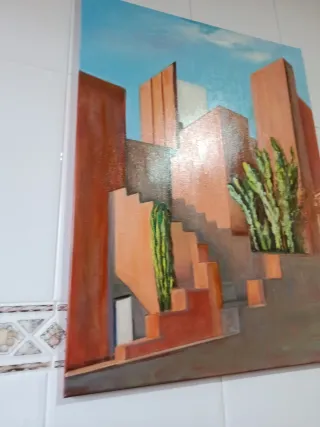 Cuadro abstracto grande óleo, arquitectura.