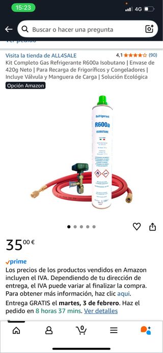 GAS REFRIGERANTE R600a / Isobutano nevera / frigo