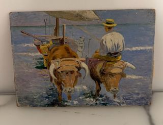 Pintura antigua cartulina, Escena rural playa