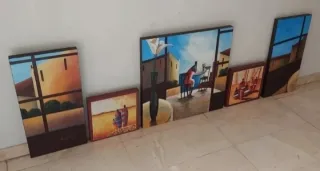 5 cuadros colección con marcó de madera