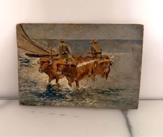 Pintura antigua sobre cartulina, bueyes playa
