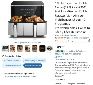 Freidora de Aire Doble Cesta 11L 2600W