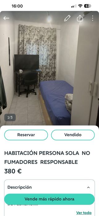 Habitacion en alquiler para persona sola