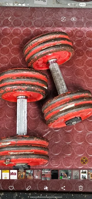 Pesas de gimnasio con discos rojos
