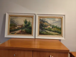 Dos cuadros al oleo,con marco pintado blanco